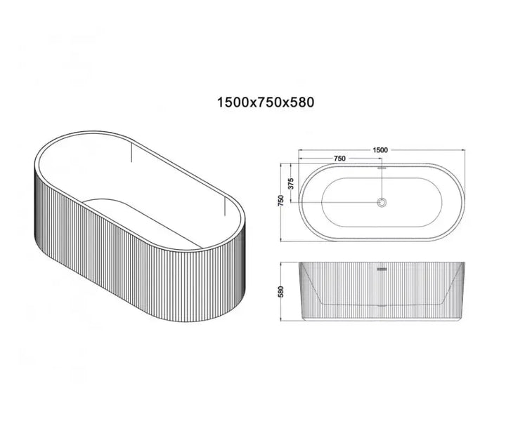 Free Standing Flutted Style Oval Shape Bathtub 1500x750x580mm -  - #tag1# - #tag2#- #variant#