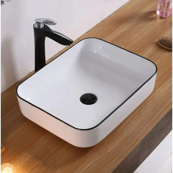Rectangle Ceramic Counter Top Basin Gloss White with Black Edging 510 x 400 x 135mm -  - #tag1# - #tag2#- #variant#
