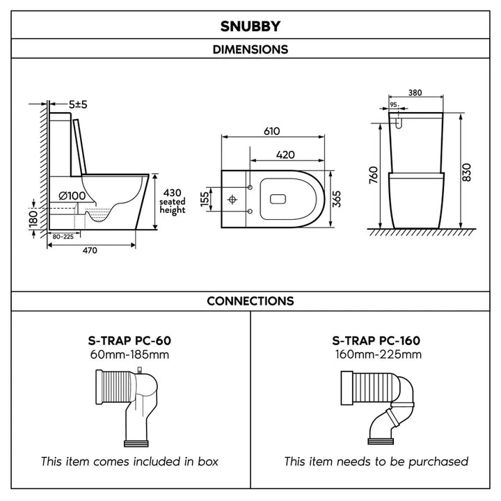 SNUBBY BACK TO WALL RIMLESS TOILET SUITE GLOSS WHITE - Zenithbath