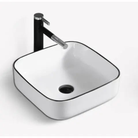 Square Ceramic Counter Top Basin Gloss White with Black Edging 390 x 390 x 140mm - Zenithbath